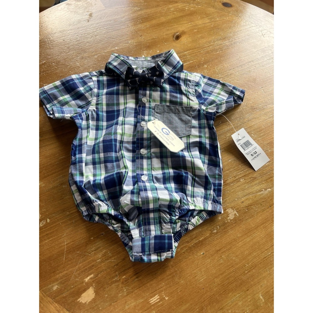 One Piece Boy's 9-12 Months Green Plaid Bow Tie Pocket Baby Romper